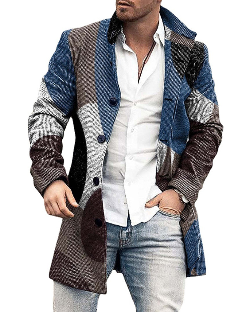 Mens Wool Blends Woolen Stand Collar 3D Printing Medium Long Coat Pocket Casual European and American Winter Jacket 230829