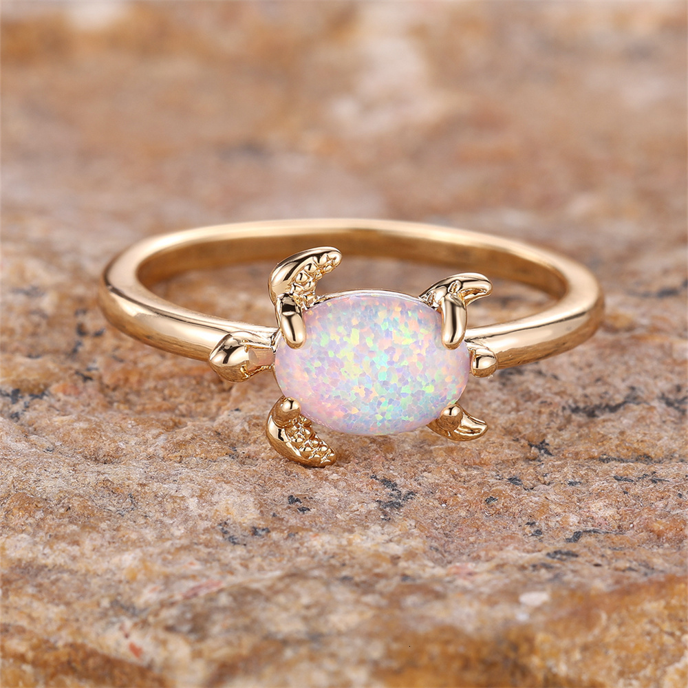 Band Rings Oval Stone White Fire Opal Animal Ring Female Cute Small Sea Turtle For Women Trendy Gold Color Wedding Engagement Jewelry 230830