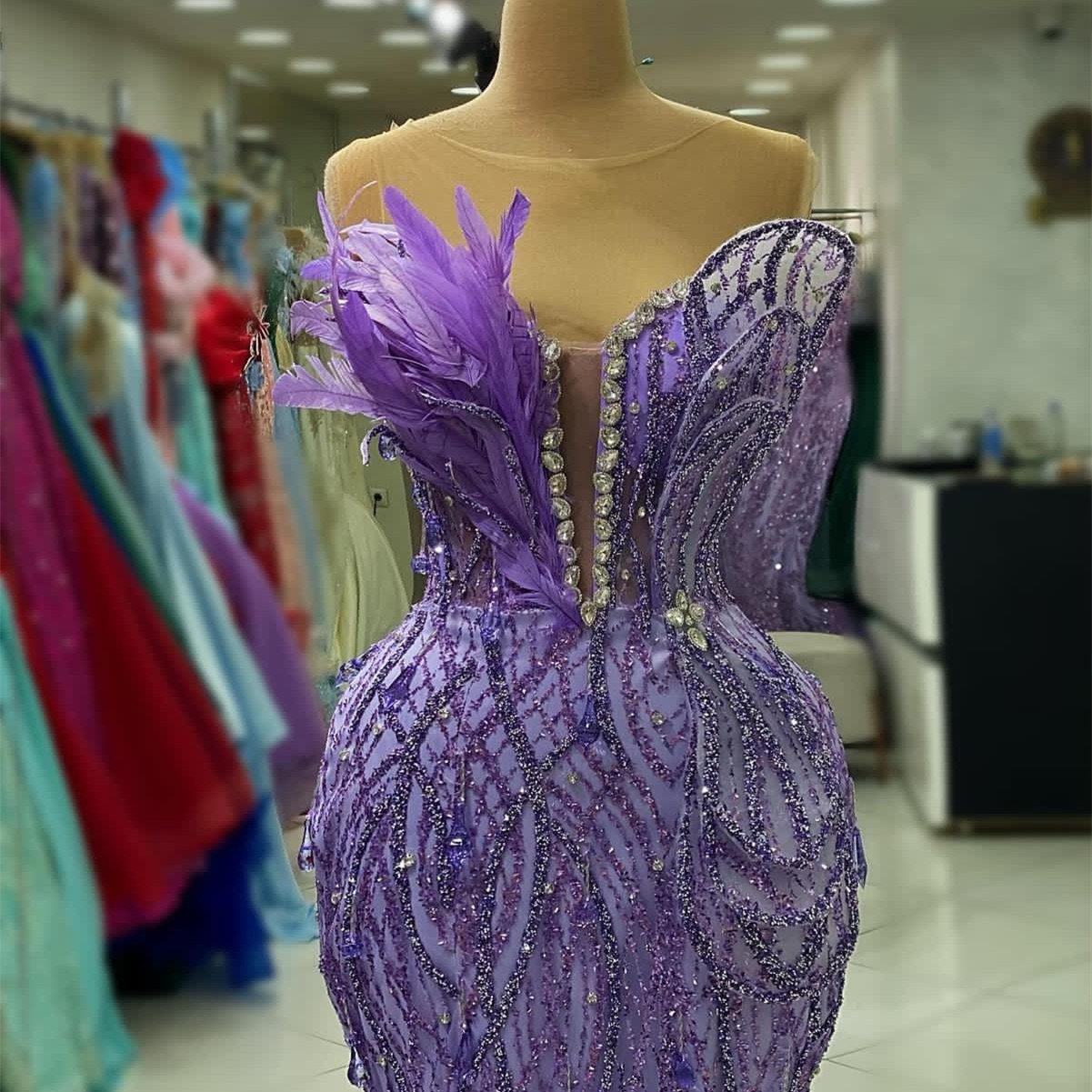 Aso Ebi Arabic Lavender Mermaid Prom Dress Crystals Feather Evening Formal Party Second Reception Birthday Engagement Gowns Dresses Robe De Soiree ZJ