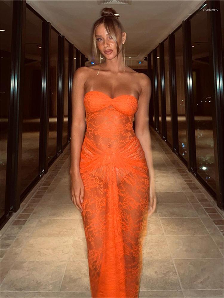 Casual Dresses Fall Clothes For Women 2023 Dress Maxi Party Club See ThoughStrapless Backless Lace Sexy Orange