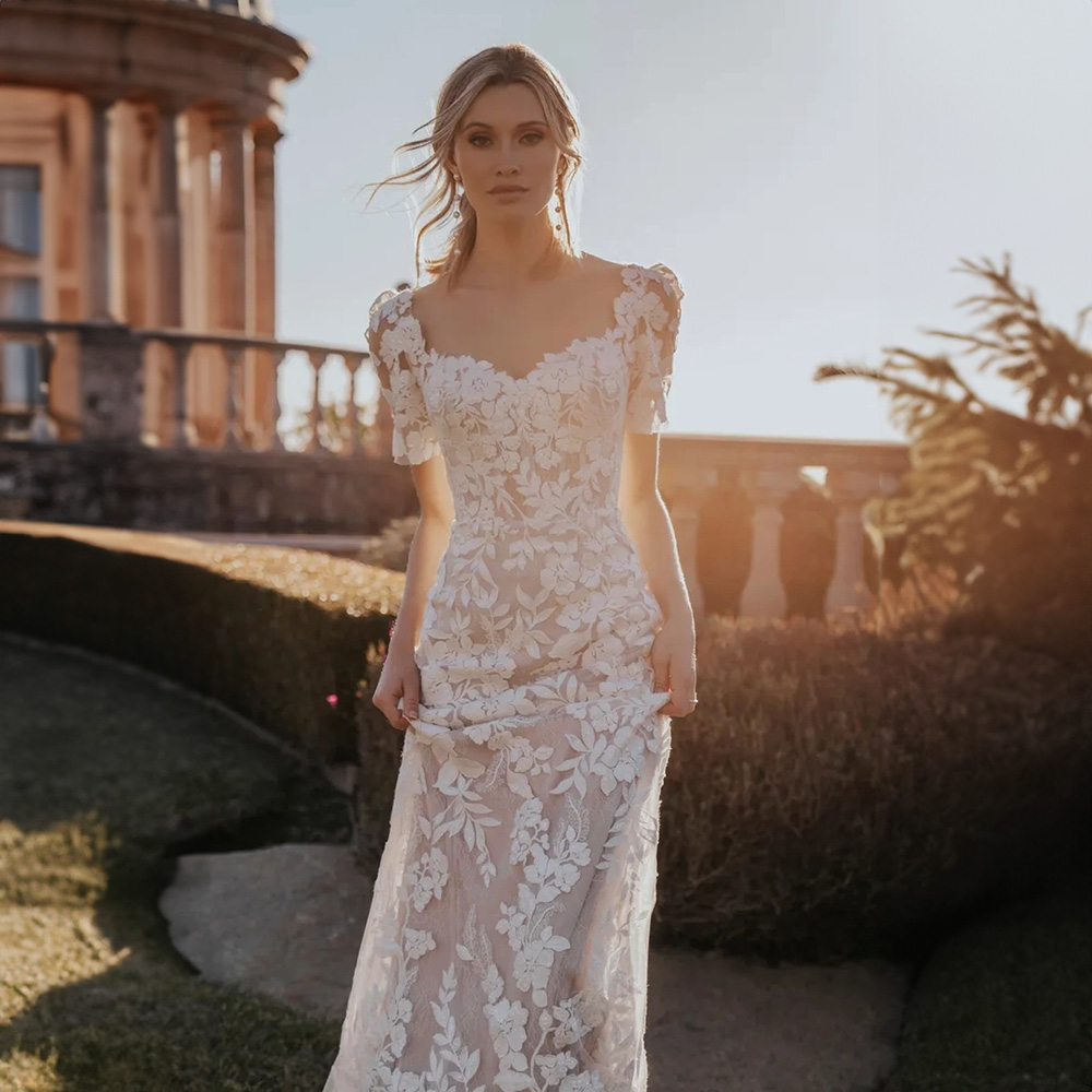 Graceful Lace Mermaid Wedding Dresses Sweetheart Short Sleeve Floral Appliques Bridal Gown Sweep Train Country Civil Mariage