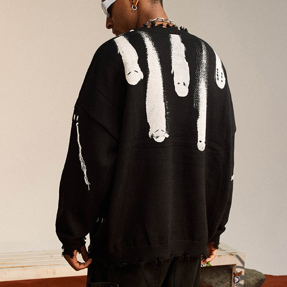 Men's Sweaters Hip Hop Sweaters Streetwear Y2K Grunge Ripped Ghost Print Punk Gothic Knitted Jumpers Autumn Harajuku Casual Pullover Sweaters 230
