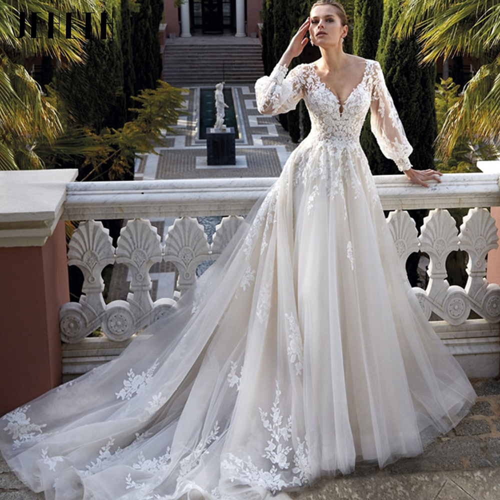 Dresses Exquisite Wedding For Women 2023 V Neck Lace Applique A Line Bridal Gowns With Long Puff Sleeves Civil Custom Vestidos estidos
