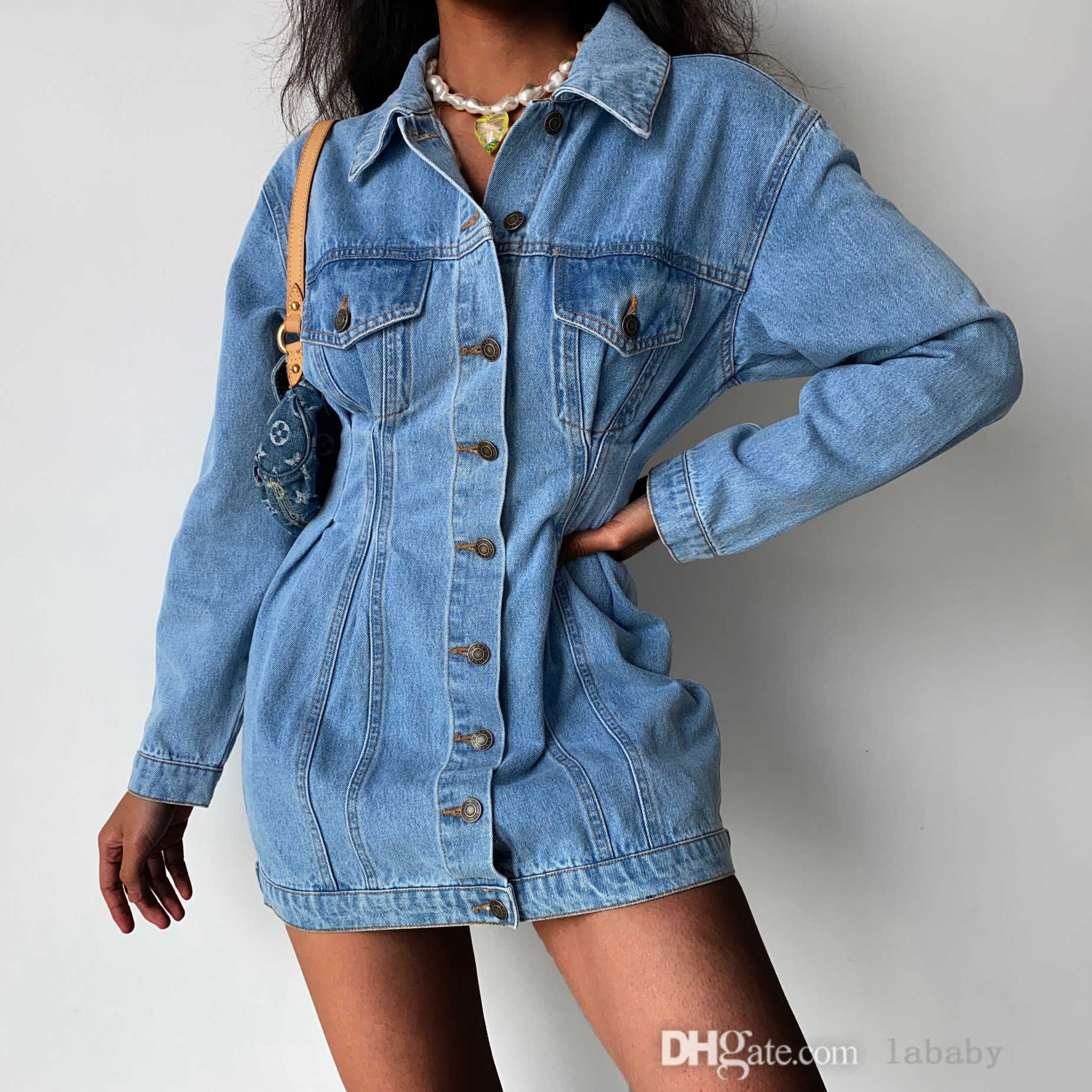 Spring Fall Vintage Denim Jacket Dress Fashion Slim Fit Button Skirt Turn-down Collar Long Sleeve Washed Jeans Dresses For Woman