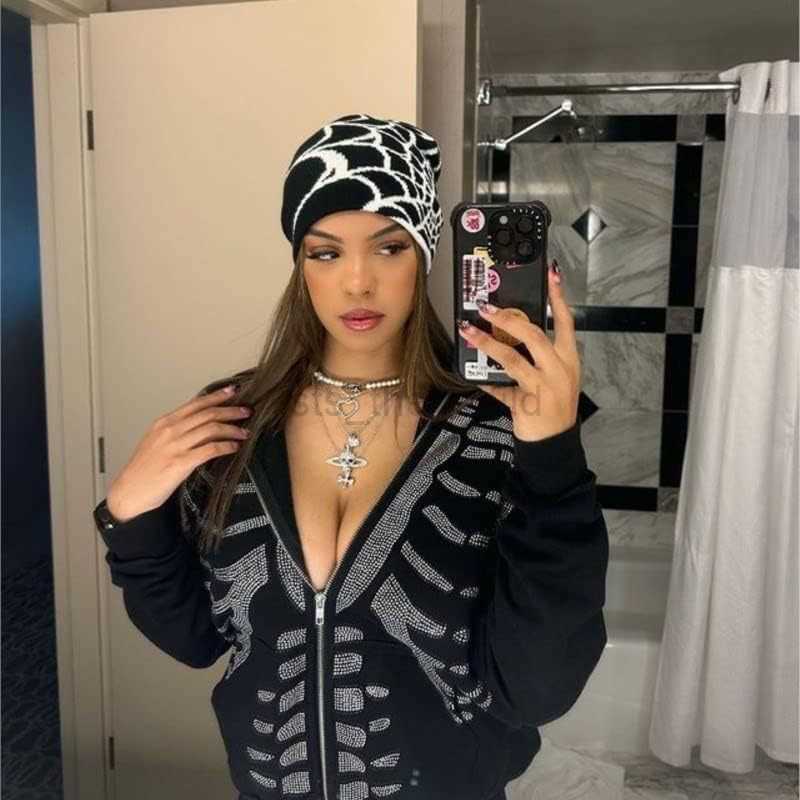Ball Caps Dicusph Y2k Gothic Spider Web Jacquard Knitted Hat Hip Hop Warm Wool Hat Cold Hat