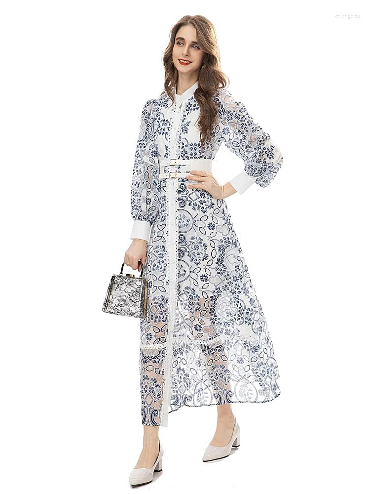Casual Dresses Autumn Women'S High Quality Fashion Printed Sexy Luxury Party Belt Slim Girls Hollow Out Elegant Runway Lace Long Dress