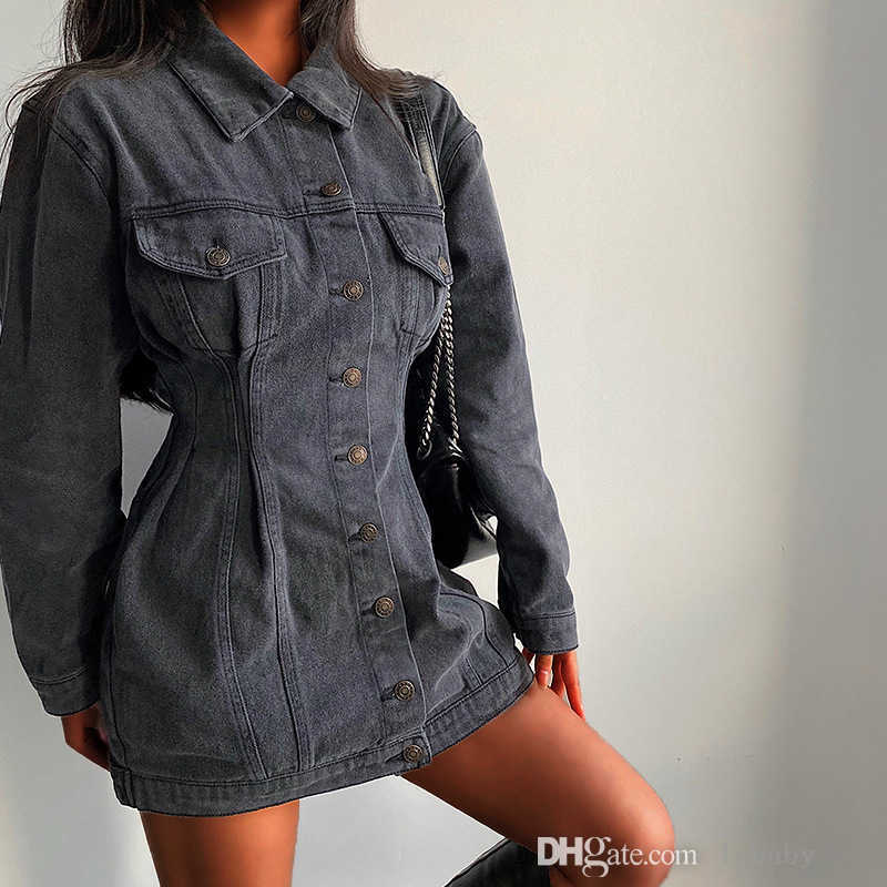 Spring Fall Vintage Denim Jacket Dress Fashion Slim Fit Button Skirt Turn-down Collar Long Sleeve Washed Jeans Dresses For Woman