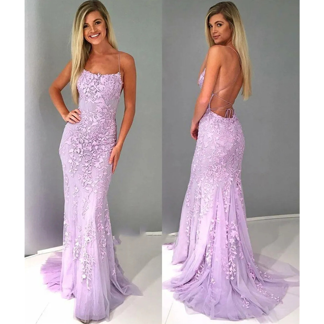 Mermaid Spaghetti Straps Prom Dress Backless Maxi Prom Dress for Women with Tulle Lace Appliques Formal Evening Party Gowns Vestidos de Novia