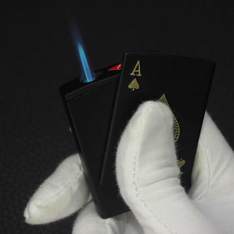 Creative Metal Straight Into Blue Flame Net Red Black Playing Card Lighter Windproof Inflatable Personality Trendy Boyfriend Gif 6NWA W260202