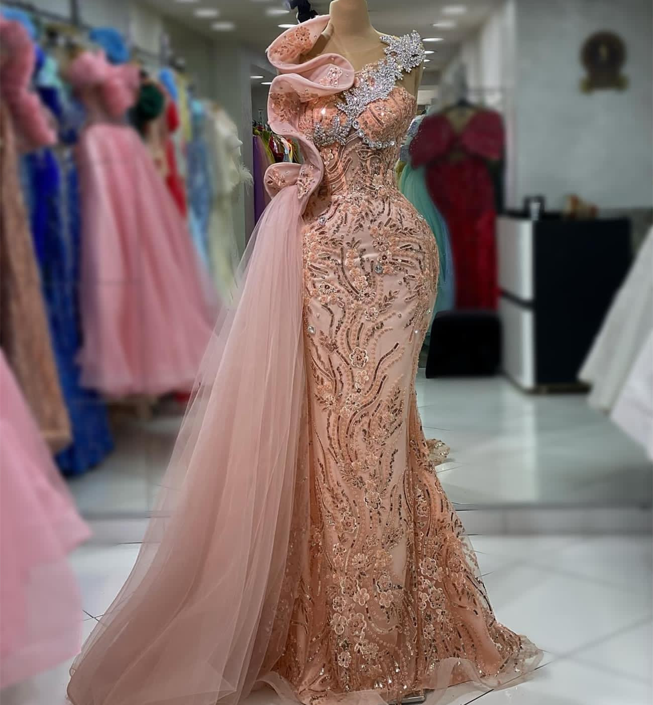 2023 Aso Ebi Arabic Pink Mermaid Prom Dress Crystals Sequined Lace Evening Formal Party Second Reception Birthday Engagement Gowns Dresses Robe De Soi