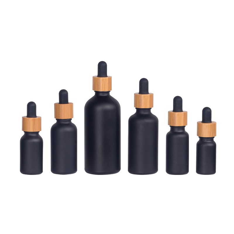 Matte Black Glass Essential Oil Bottles Skin Care Serum Dropper Bottle with Bamboo Pipette 10ml 15ml 20ml 30ml 50ml 100ml