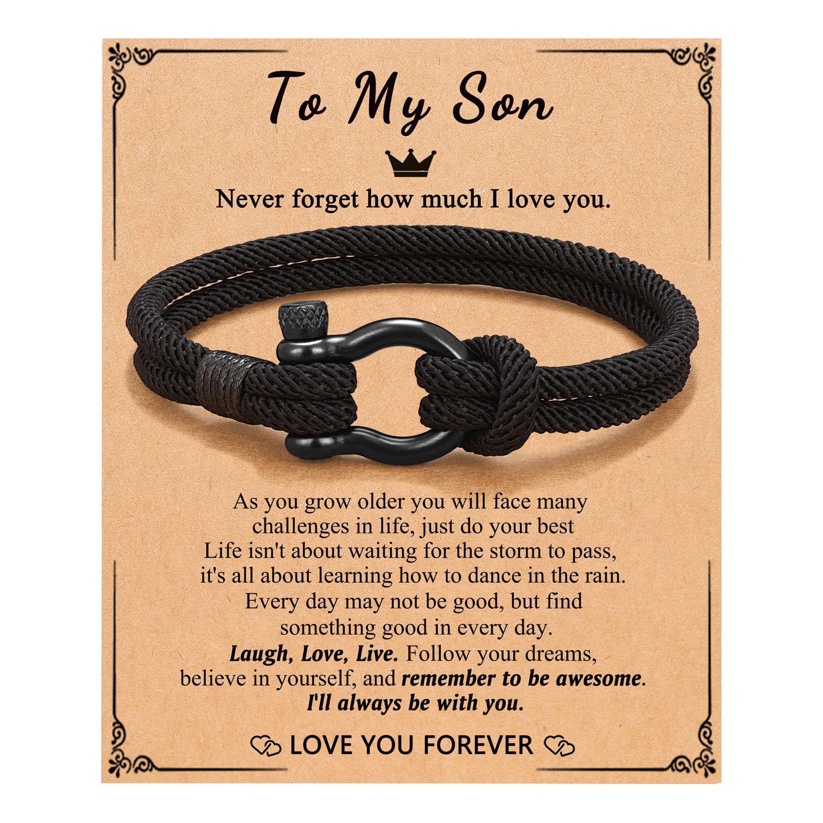 Stainlesss Steel Horseshoe Buckle Bracelet Black Handmade Knitted Rope Bracelet to My Son Grandson with Wish Card Elegant Luxury Bracelet Nice Jewelry