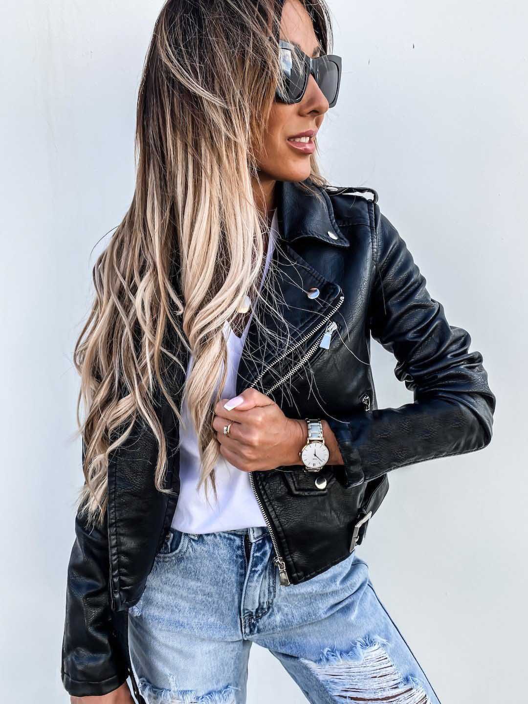 Womens Leather Jacket Motorcycle Biker Zipper Coat Winter Outwear Casual Fashion Style Tops Jacket for Women