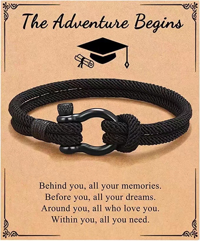 Stainlesss Steel Horseshoe Buckle Bracelet Black Handmade Knitted Rope Bracelet to My Son Grandson with Wish Card Elegant Luxury Bracelet Nice Jewelry