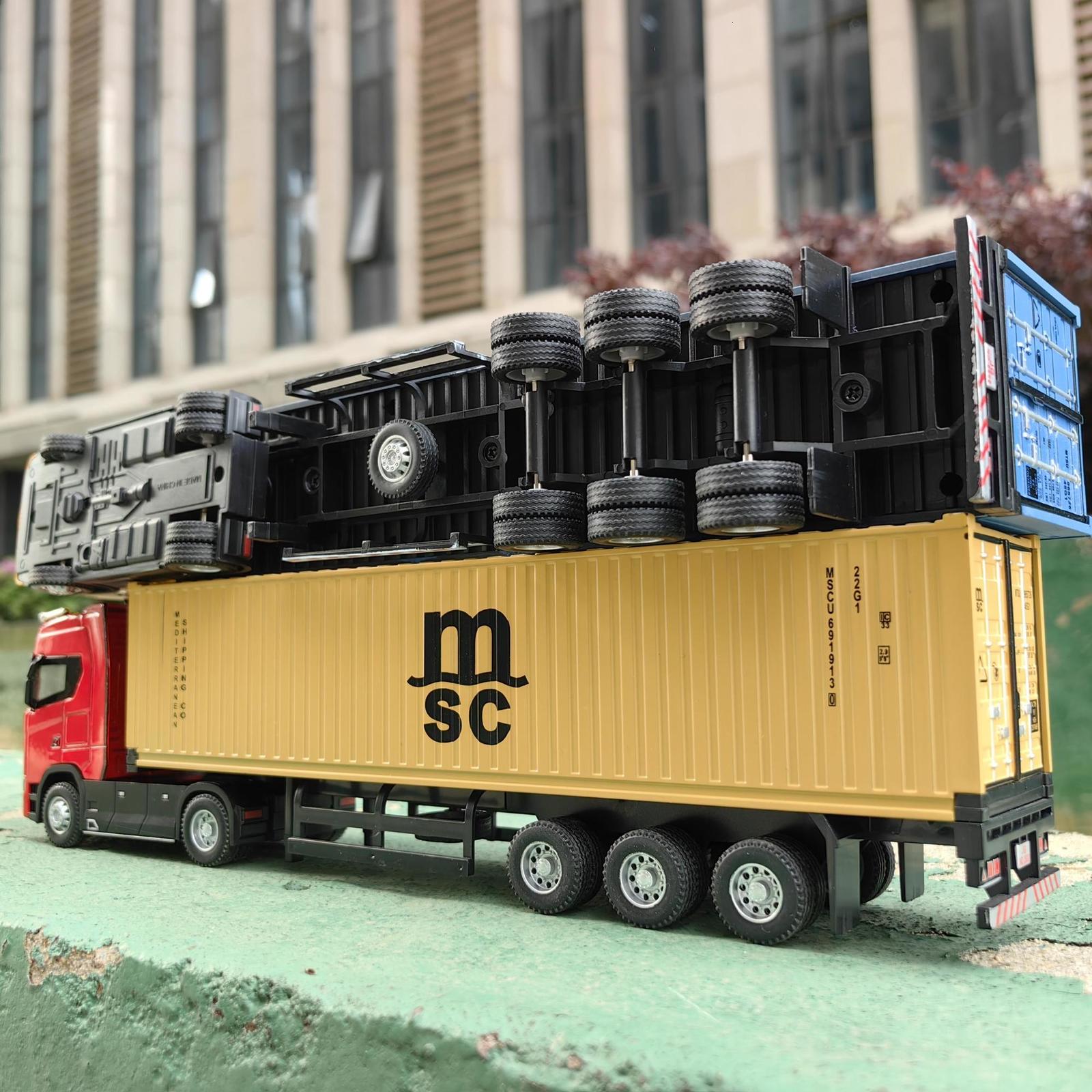 Diecast Model car 1/50 Simulation Large Truck Toy Car Model Alloy Diecast Transport Container Vehicle Car For Boy Gifts with Sound Light Pull Back 230