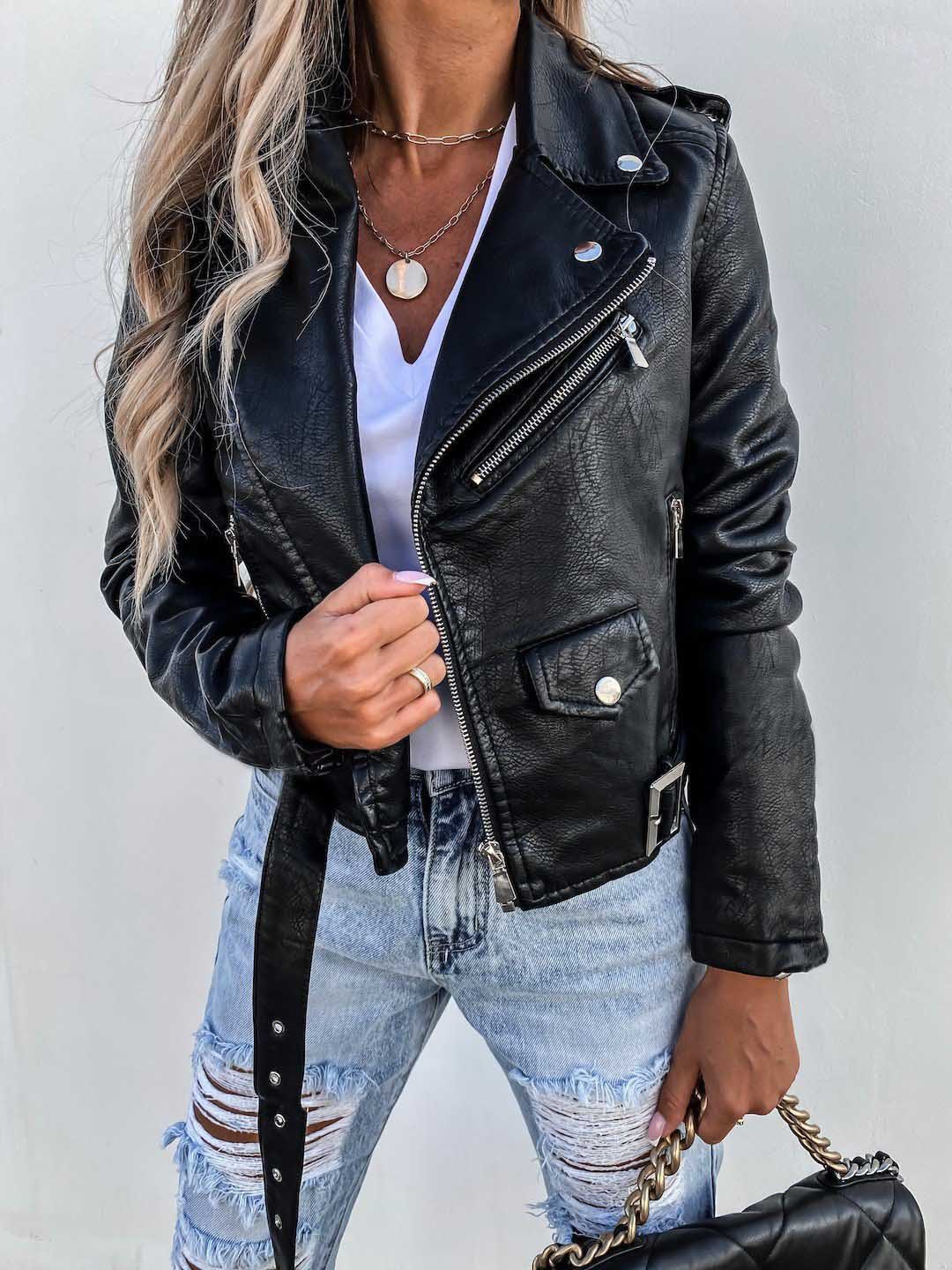 Womens Leather Jacket Motorcycle Biker Zipper Coat Winter Outwear Casual Fashion Style Tops Jacket for Women