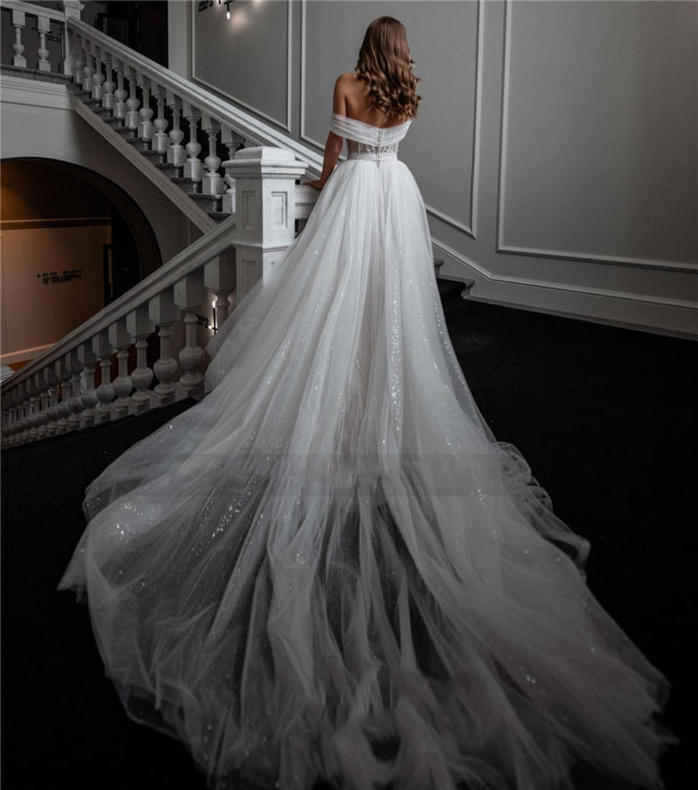 Glitter Off the Shoulder A Line Wedding Dresses Beaded Side Split Bridal Gown Boning Bohemian Tulle Vestidos De Novia Sweep Train