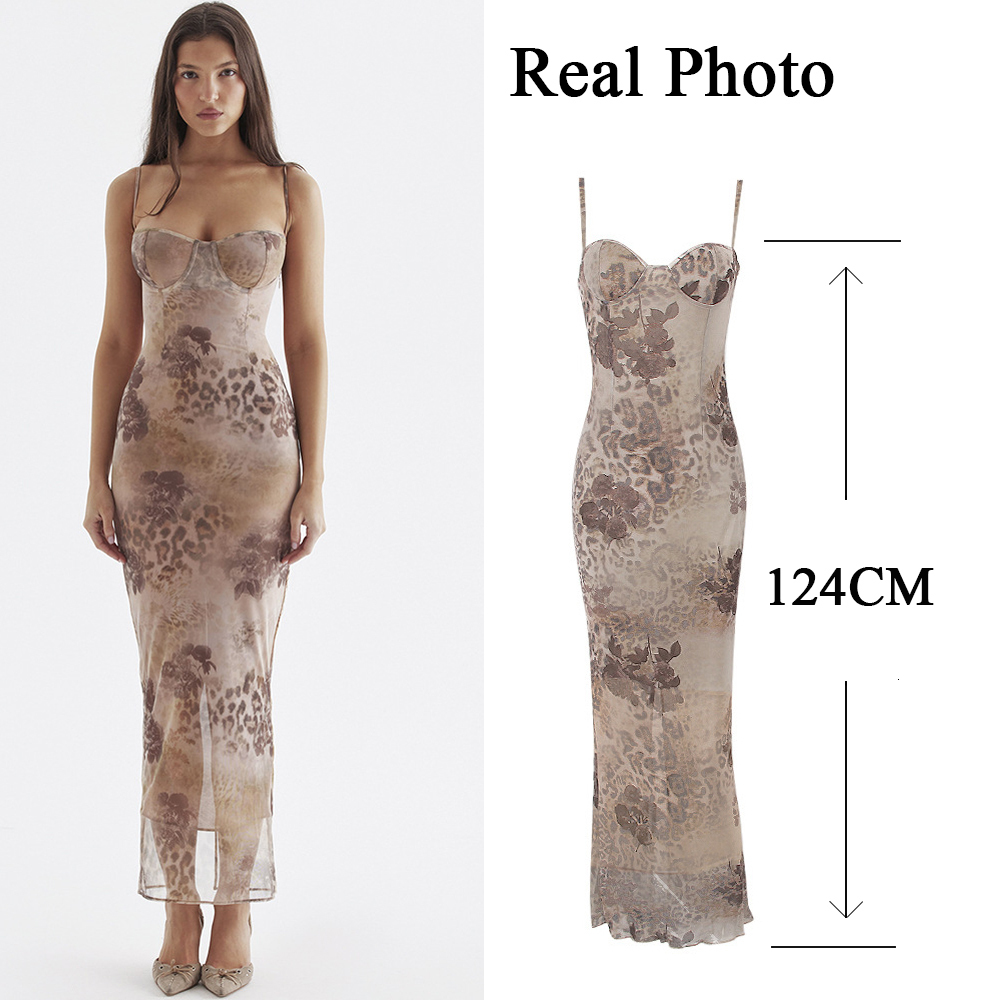 Basic Casual Dresses Mingmingxi Summer Spaghetti Strap Leopard Printing Dress Elegant Vintage Bodycon Mesh Birthday Wedding Guest Party long 230829