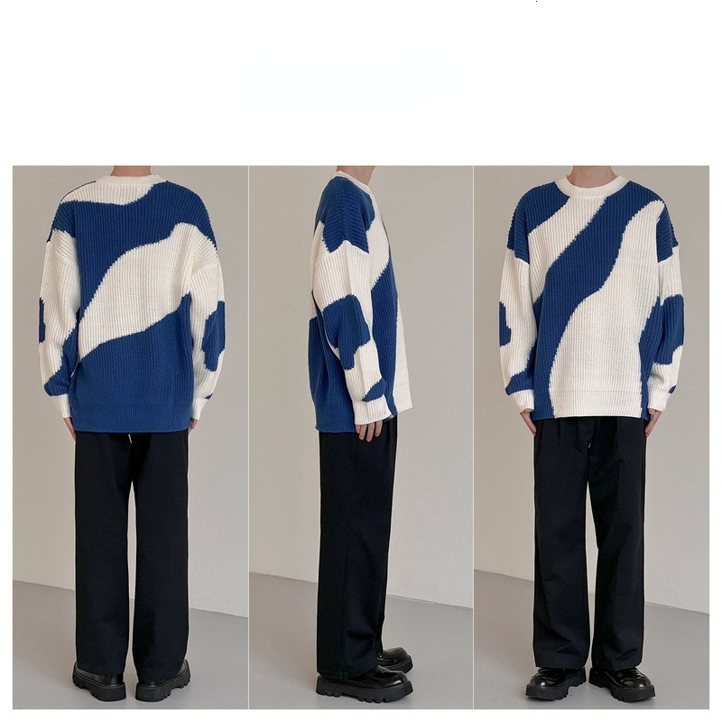 Men s Sweaters Autumn and Winter O Neck Knit Sweater for Men Cow Patchwork Pullover Loose Casual Harajuku Mens Oversized 230830