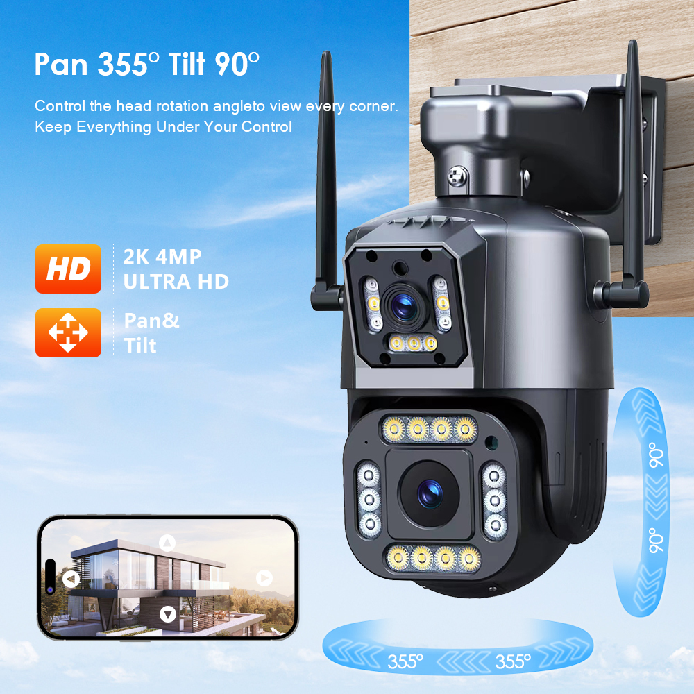 IP Cameras 4MP Dual Lens 2K WiFi Camera CCTV Color Night Vision PTZ Outdoor Video Surveillance Security System 230830