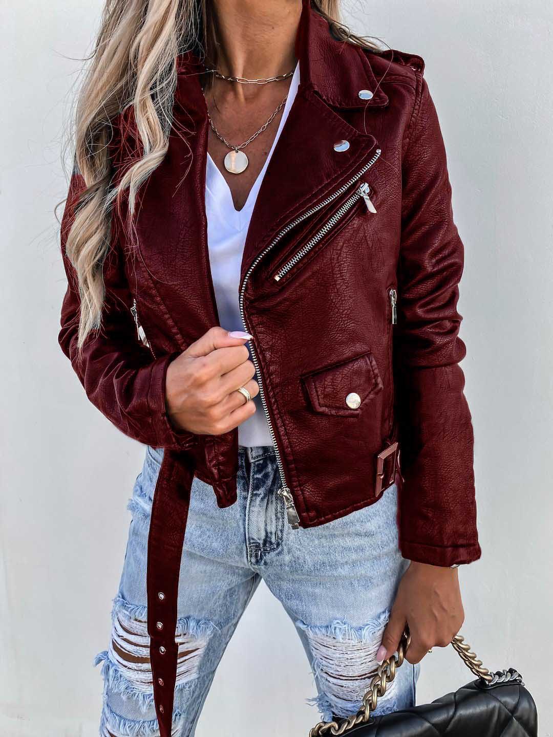 Womens Leather Jacket Motorcycle Biker Zipper Coat Winter Outwear Casual Fashion Style Tops Jacket for Women
