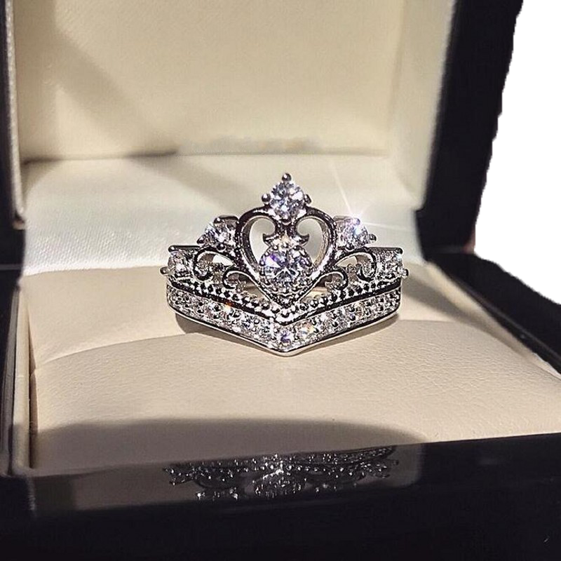 Sparkling Ins Top Sell Lovely Fine Jewelry 925 Sterling Silver Crown Ring White Topaz CZ Diamond Promise Women Wedding Bridal Ring
