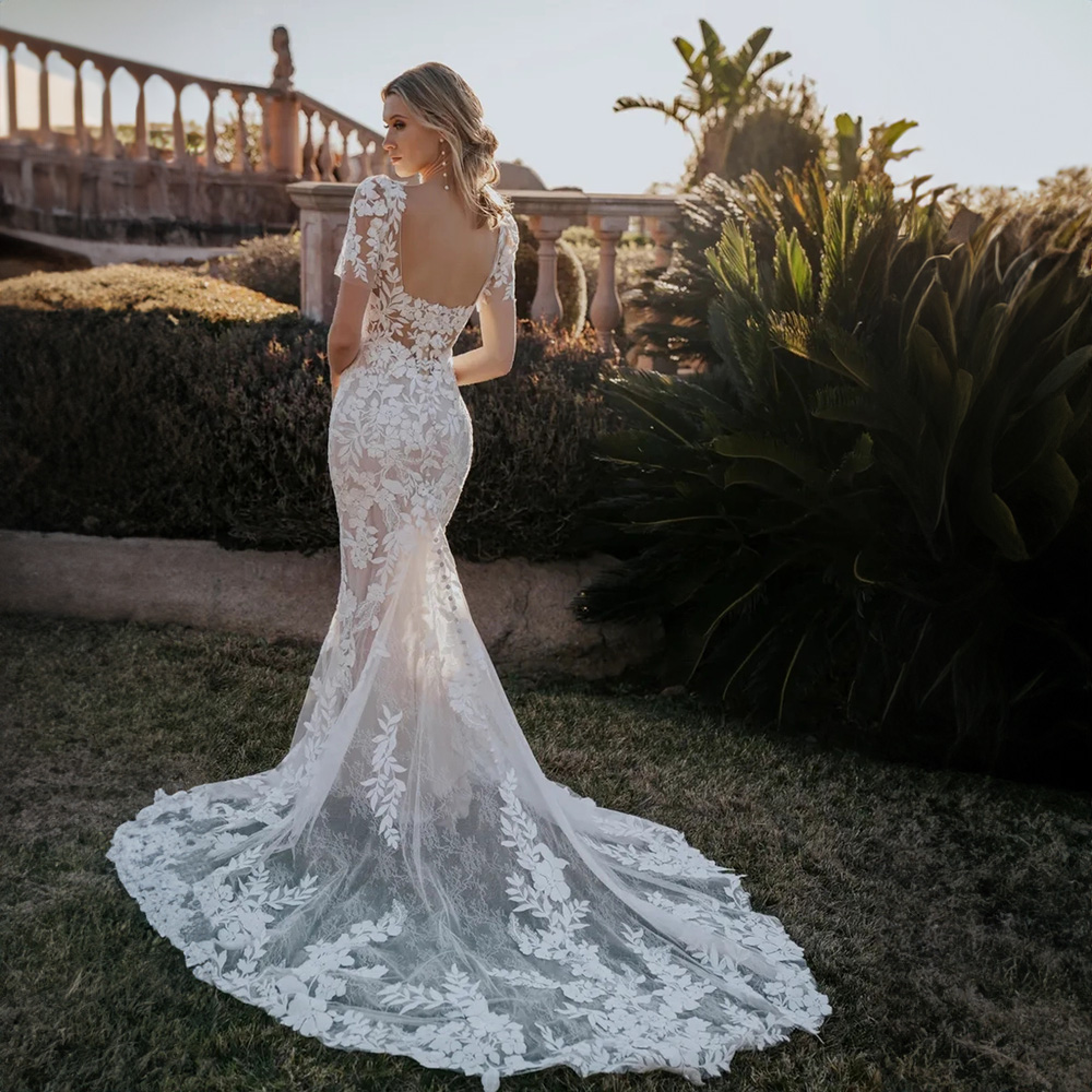 Graceful Lace Mermaid Wedding Dresses Sweetheart Short Sleeve Floral Appliques Bridal Gown Sweep Train Country Civil Mariage