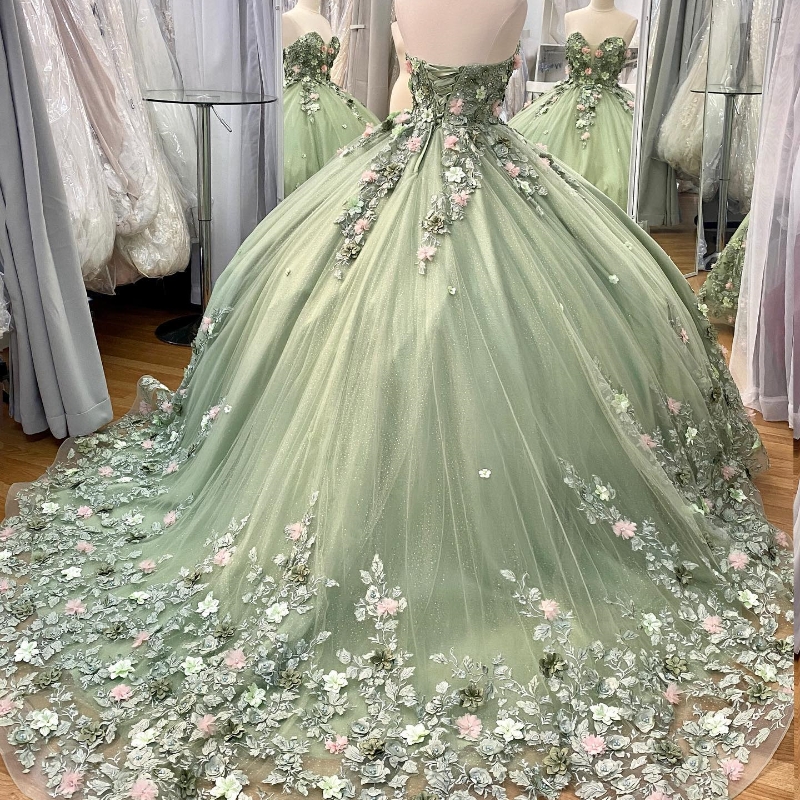 Sage Green Shiny Ball Gown Dresses Sweetheart 3D Floral Beads Brithday Dance Party Vestidos De Quinceanera