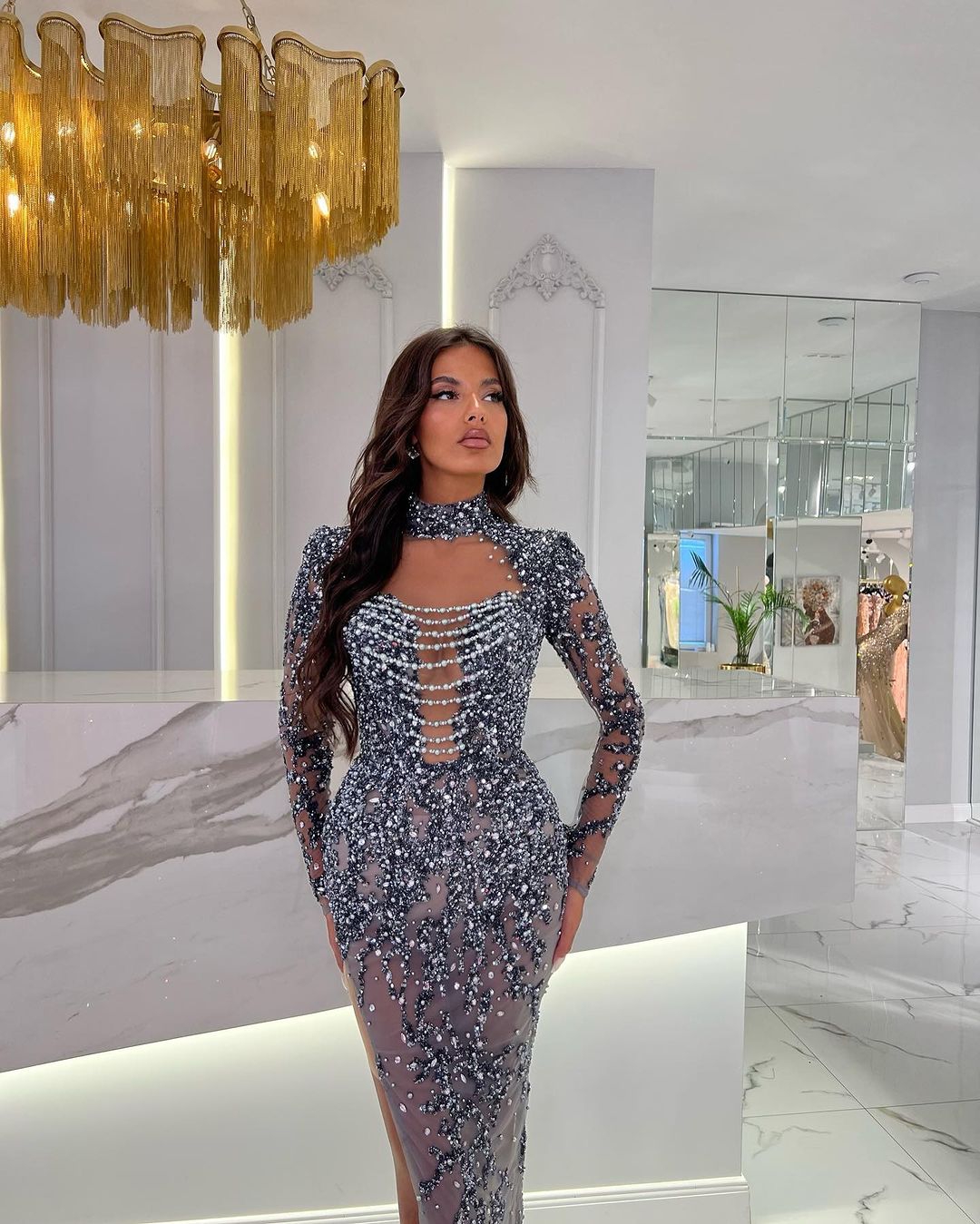 Sheer High Neck Evening Gown Sexy Full Sleeve Pearls Mermaid Dresses Sequined Lace See Through Prom Dress Formal Custom Made