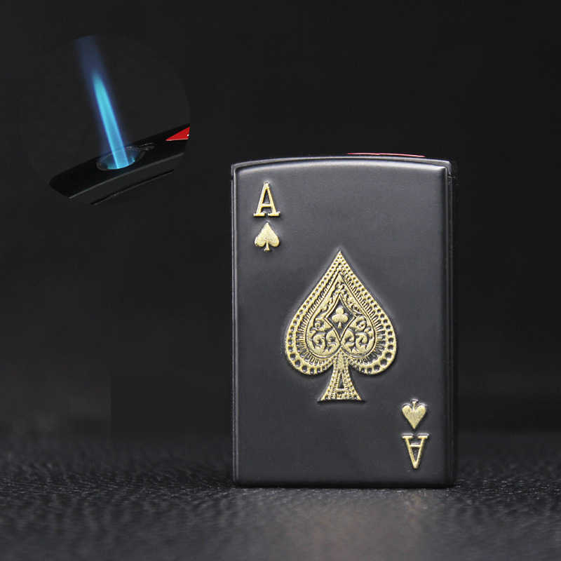 Creative Metal Straight Into Blue Flame Net Red Black Playing Card Lighter Windproof Inflatable Personality Trendy Boyfriend Gif 6NWA W260202