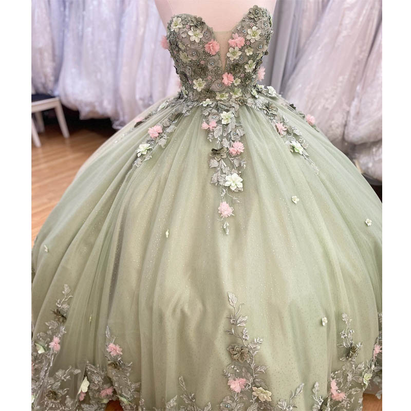 Sage Green Shiny Ball Gown Dresses Sweetheart 3D Floral Beads Brithday Dance Party Vestidos De Quinceanera