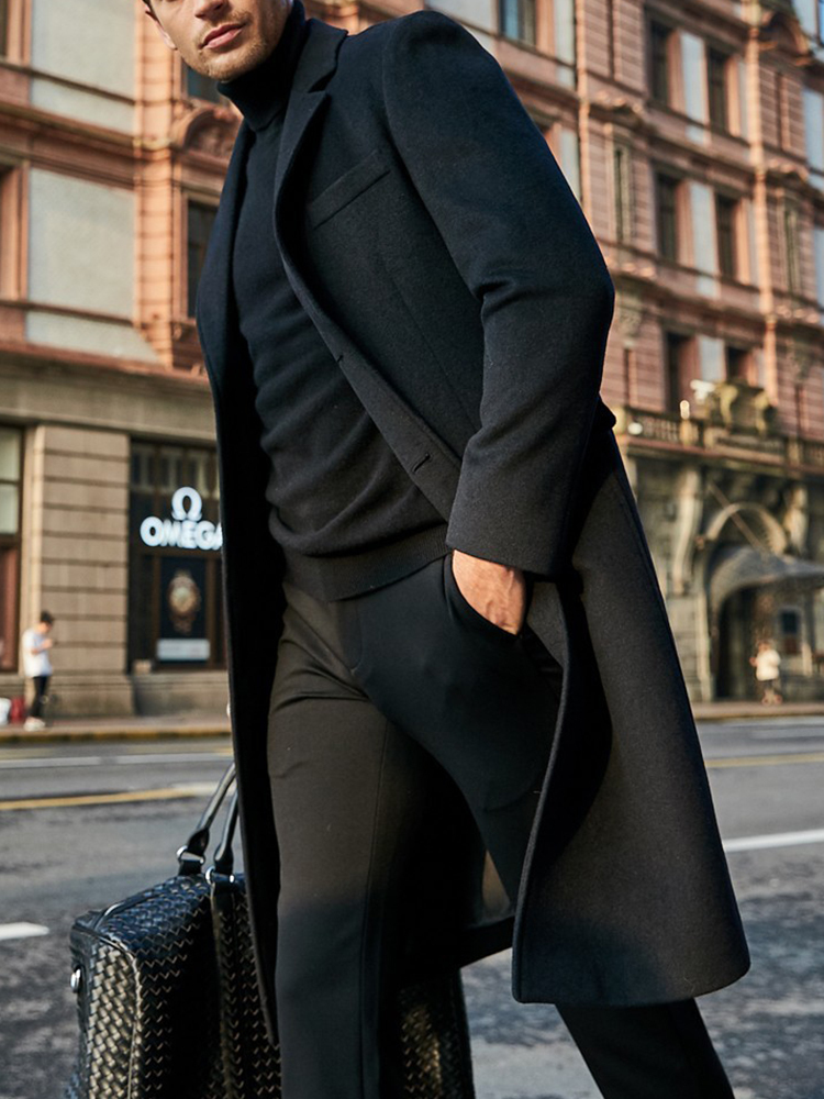 Mens Wool Blends Aelegantmis Winter Woolen Coat Single Breasted Slim Fit Long Overcoat Solid Lapel Collar Autumn Streetwear Jackets 230829