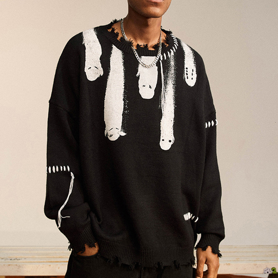 Men's Sweaters Hip Hop Sweaters Streetwear Y2K Grunge Ripped Ghost Print Punk Gothic Knitted Jumpers Autumn Harajuku Casual Pullover Sweaters 230