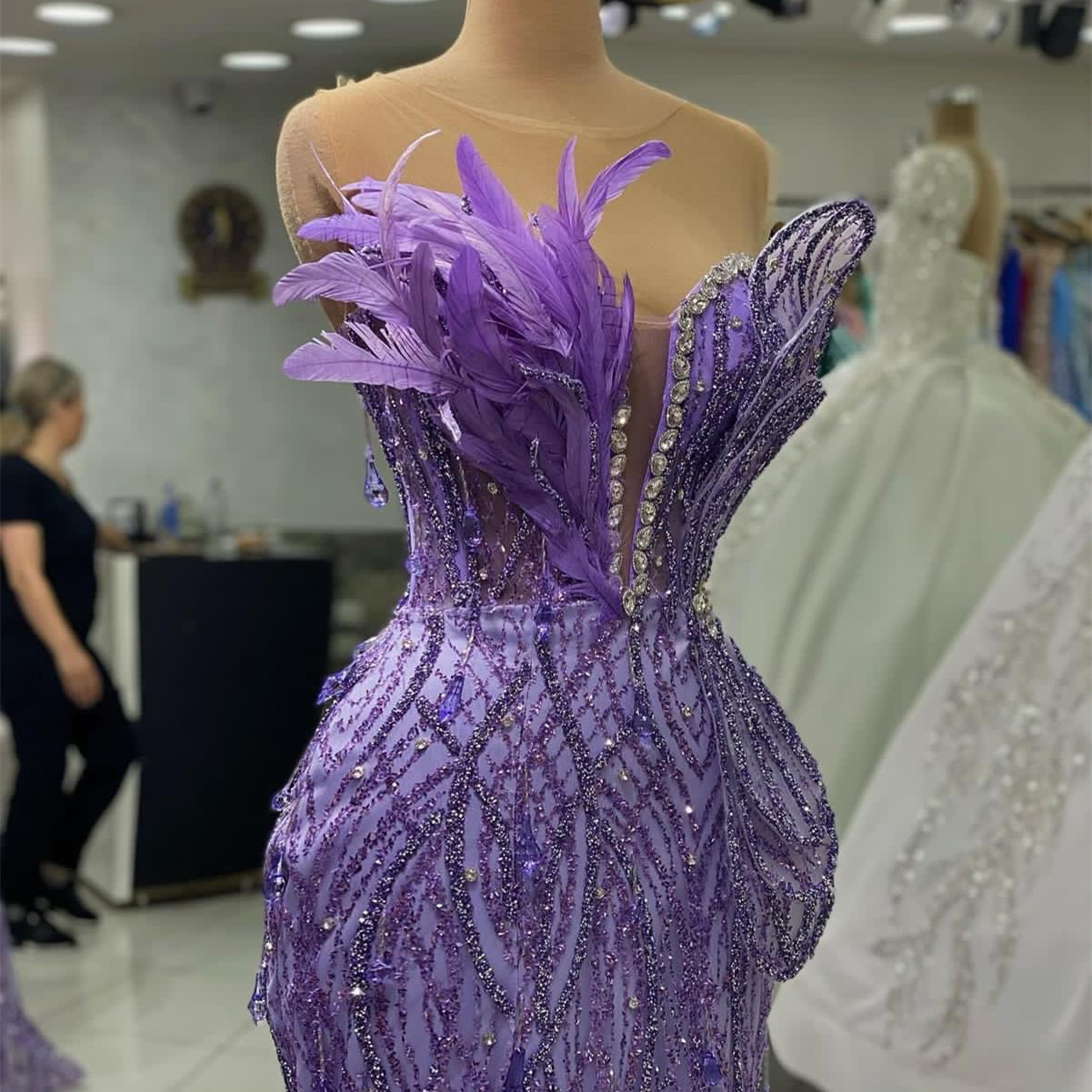 Aso Ebi Arabic Lavender Mermaid Prom Dress Crystals Feather Evening Formal Party Second Reception Birthday Engagement Gowns Dresses Robe De Soiree ZJ