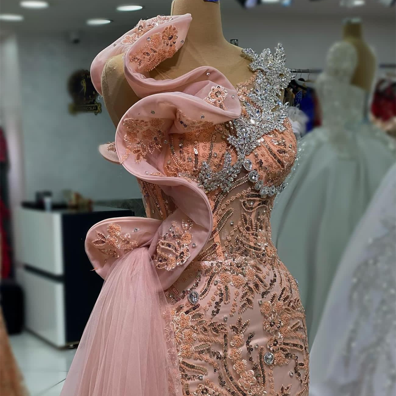 2023 Aso Ebi Arabic Pink Mermaid Prom Dress Crystals Sequined Lace Evening Formal Party Second Reception Birthday Engagement Gowns Dresses Robe De Soi
