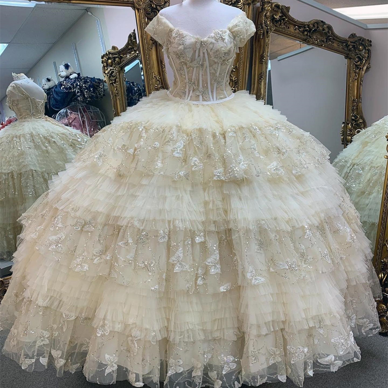 Sexy Sweetheart Shiny Quinceanera Princess Bow Tull Tiered Ball Gown Birthday Lace-Up Sweet 16 Dresses vestidos de 15