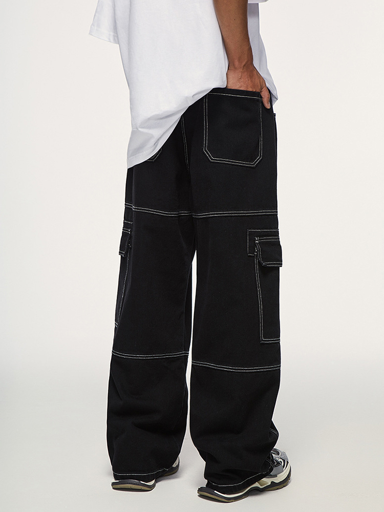 Men's Jeans Black Multi Pocket Loose Wide Leg Jeans Men'S Y2k Casual Fashion Jeans Cargo Pants Side Large Pocket Street Men'S Wear 2308