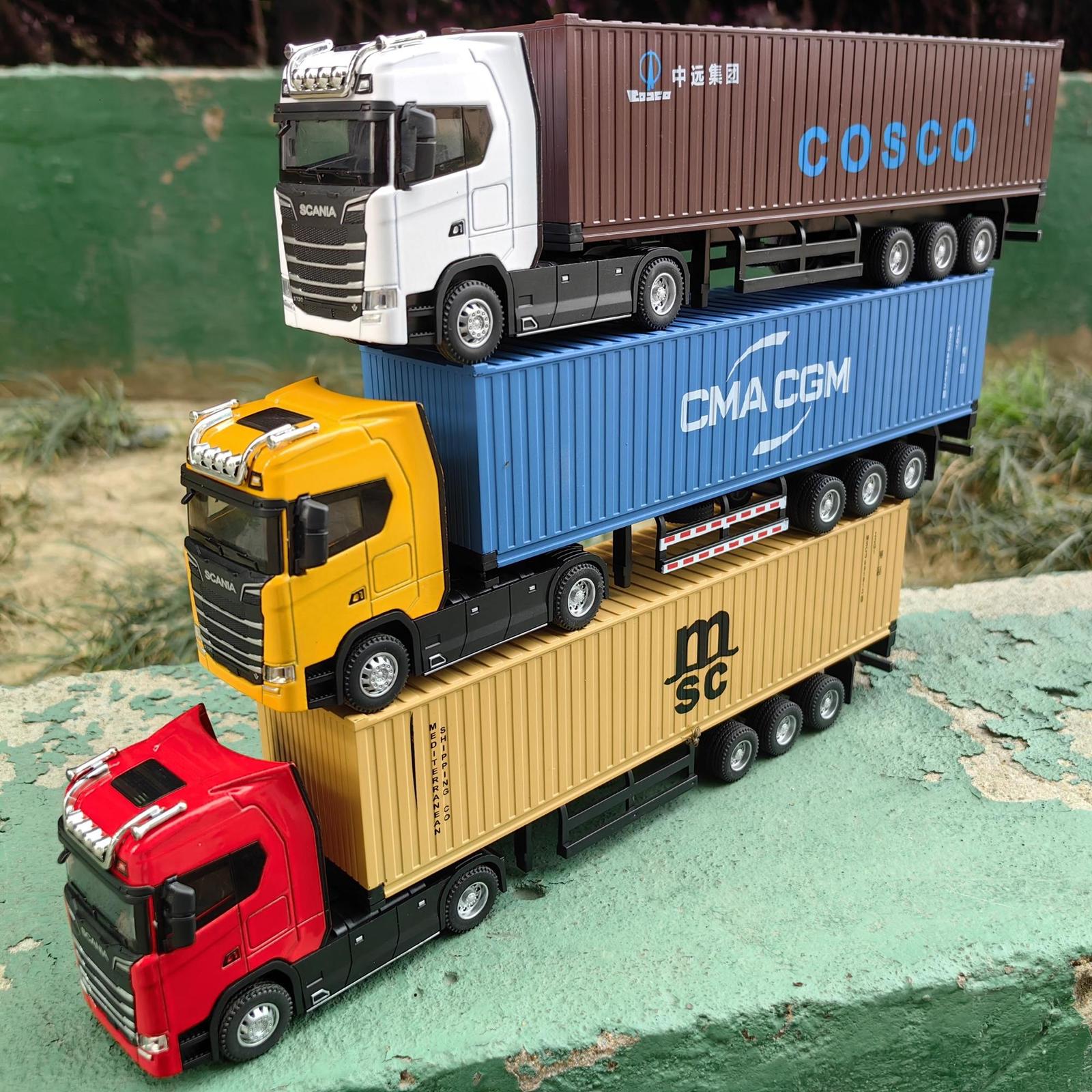 Diecast Model car 1/50 Simulation Large Truck Toy Car Model Alloy Diecast Transport Container Vehicle Car For Boy Gifts with Sound Light Pull Back 230