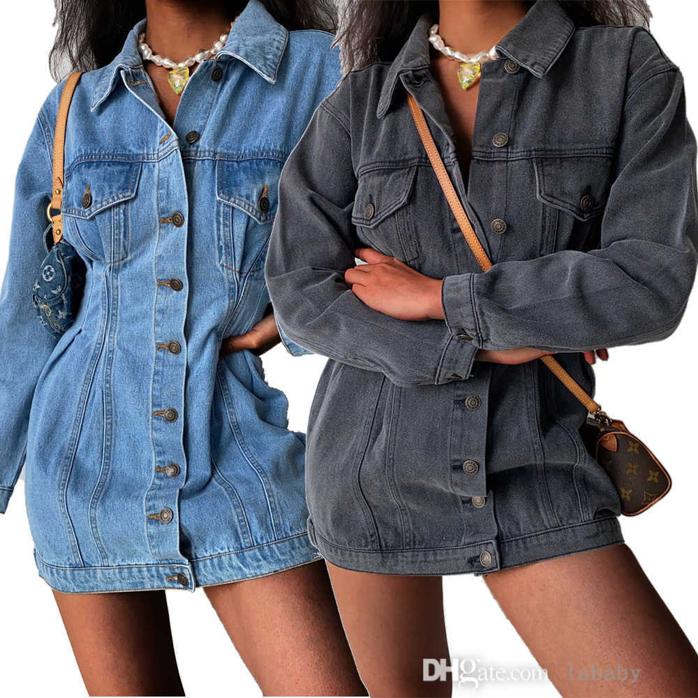 Spring Fall Vintage Denim Jacket Dress Fashion Slim Fit Button Skirt Turn-down Collar Long Sleeve Washed Jeans Dresses For Woman