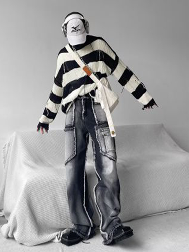 Men's Jeans Men's Pants Autumn Vintage Wash Rough Edge Straight Tube Splicing Male Jeans High Street Wide Leg Trousers Fashion 230829