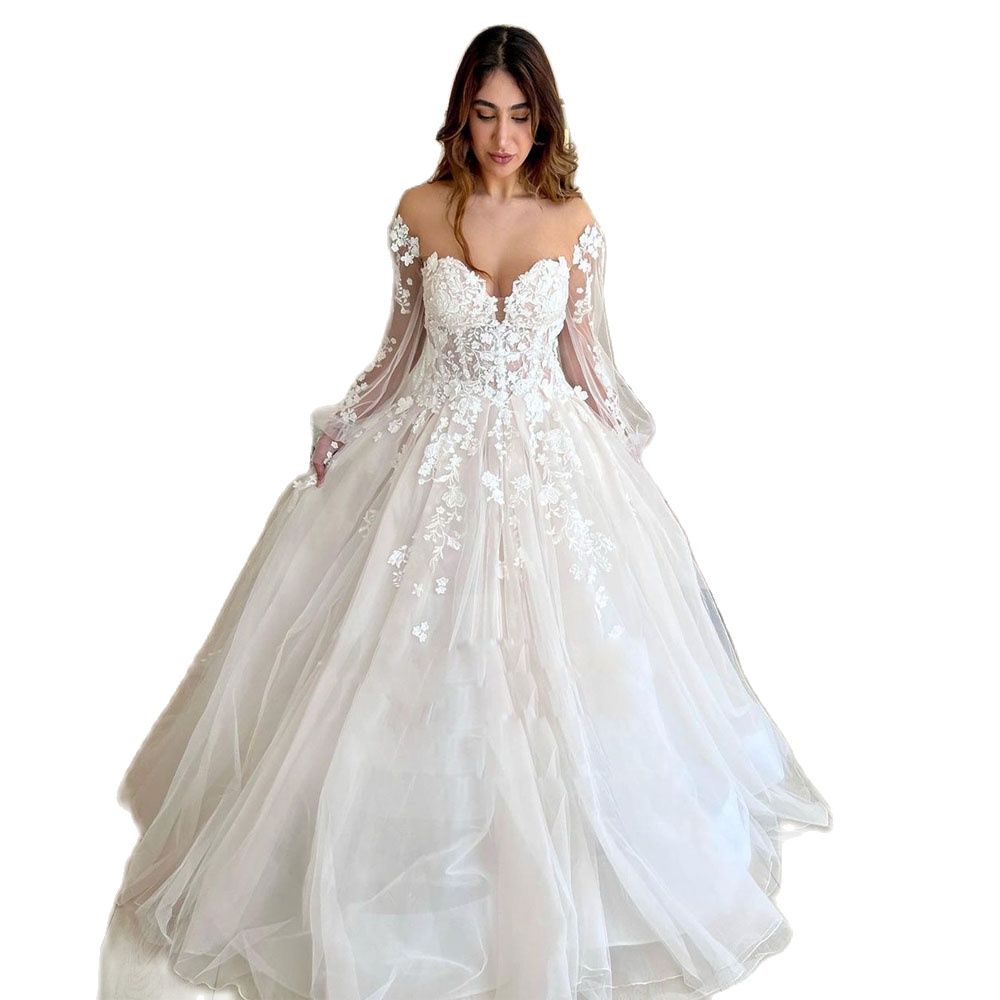 Vintage Sheer Neck Ball Gown Wedding Dresses with Long Sleeve Lace Appliques Princess Bridal Gown Plus Size Puffy Vestidos de novia