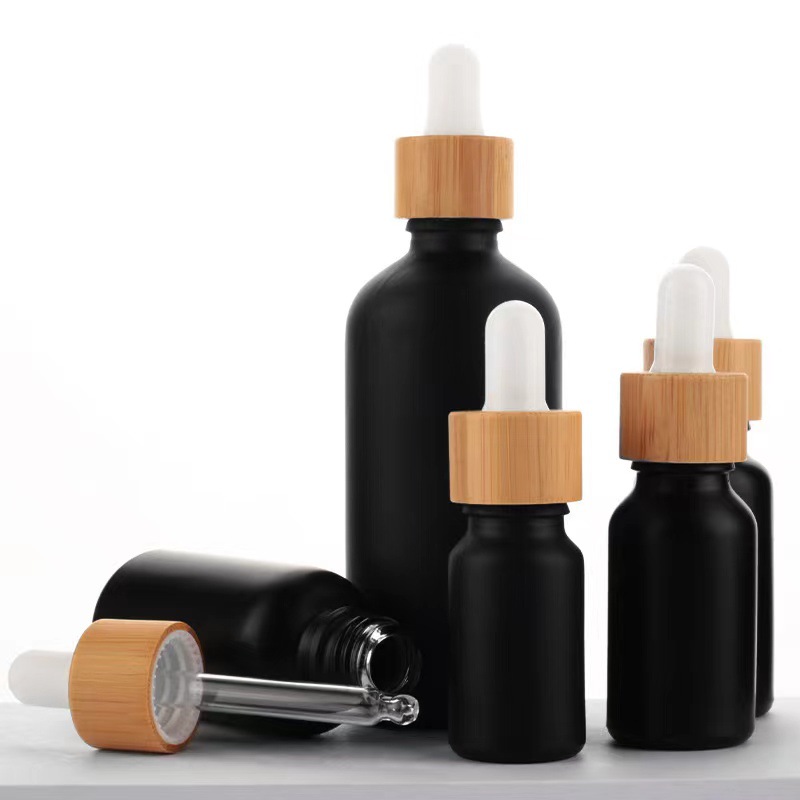 Matte Black Glass Essential Oil Bottles Skin Care Serum Dropper Bottle with Bamboo Pipette 10ml 15ml 20ml 30ml 50ml 100ml