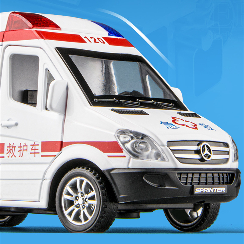 Diecast Model car 1 32 Sprinter Alloy Ambulance Vehicles Car Model Diecasts Metal Toy Ambulance Car Model Simulation Sound and Light Kids Toy Gift 230