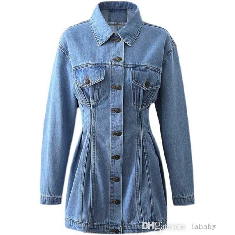 Spring Fall Vintage Denim Jacket Dress Fashion Slim Fit Button Skirt Turn-down Collar Long Sleeve Washed Jeans Dresses For Woman