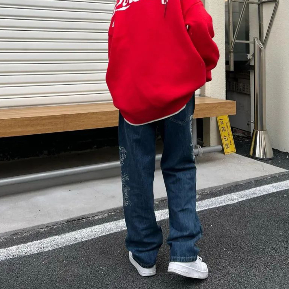 Men's Jeans Retro Streetwear Dragon Embroidery Straight Baggy Pants Jeans Men Harajuku Trend Trousers Wide Leg Loose Oversize Hip Hop 230829