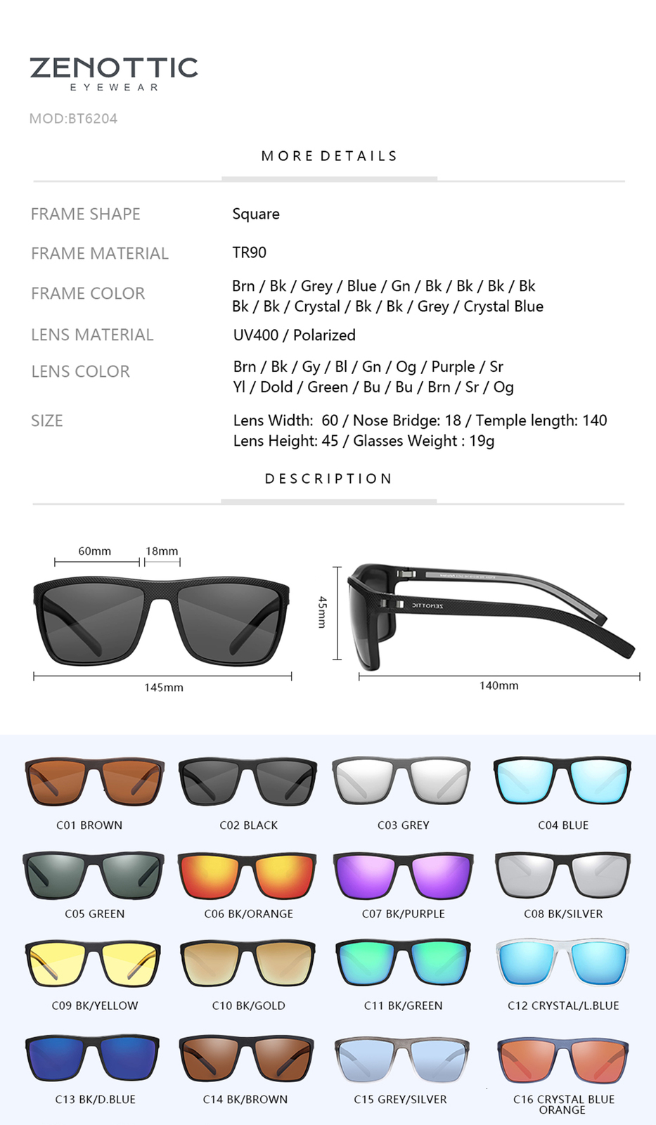 Fashion Sunglasses Frames ZENOTTIC Polarized Sunglasses Shade for Women Men Lightweight TR90 Frame UV400 Protection Square Sun Glasses 230830