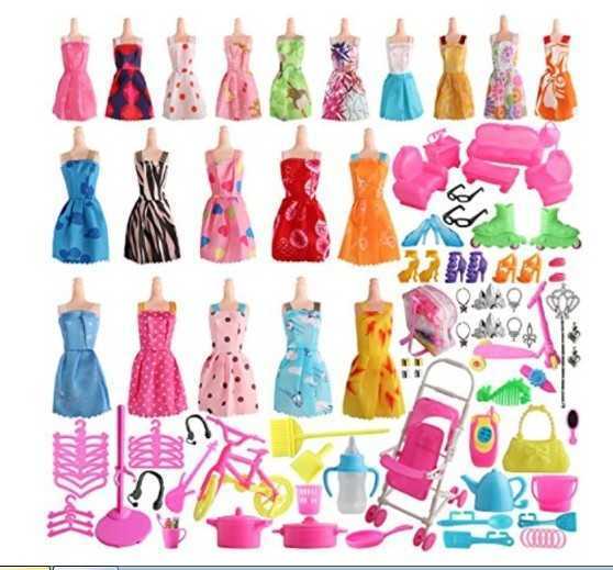 Doll Apparel 85pcs Dress Changing Skirt + Accessory 30cm Girl Clothes Accessories Shoe Bag Jewelry Necklace Crown