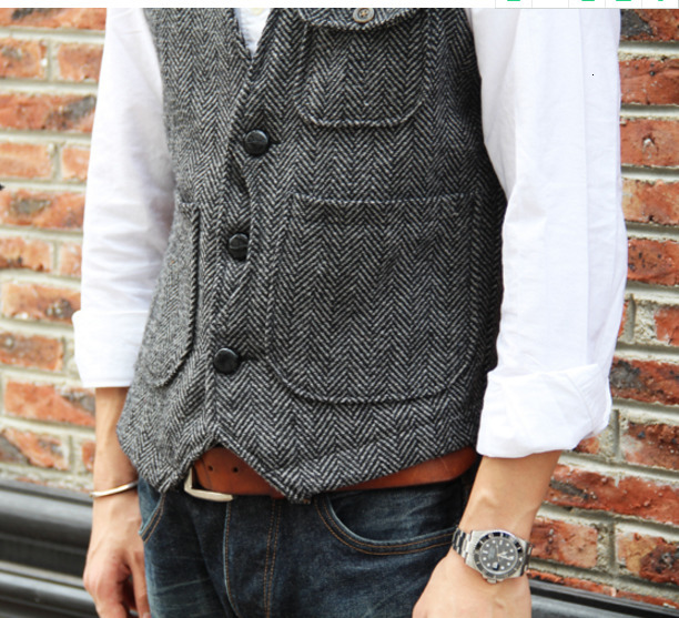Mens Vests Casual Tooling Vest Formal Herringbone Tweed Brown V Neck Wool Waistcoat Business Groomman For Wedding Prom 230829
