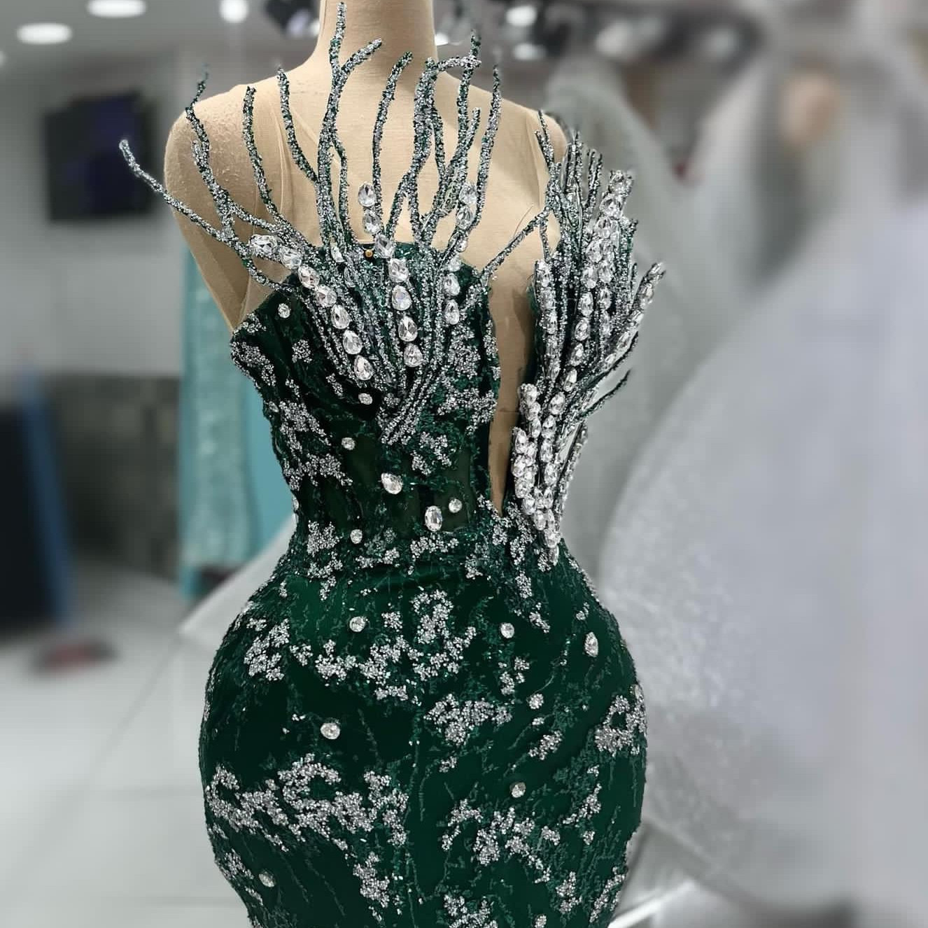 2024 Aso Ebi Arabic Dark Green Mermaid Prom Dress Crystals Sequined Lace Evening Formal Party Second Reception Birthday Engagement Gowns Dresses Robe 
