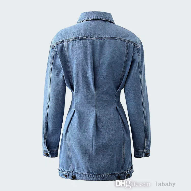 Spring Fall Vintage Denim Jacket Dress Fashion Slim Fit Button Skirt Turn-down Collar Long Sleeve Washed Jeans Dresses For Woman